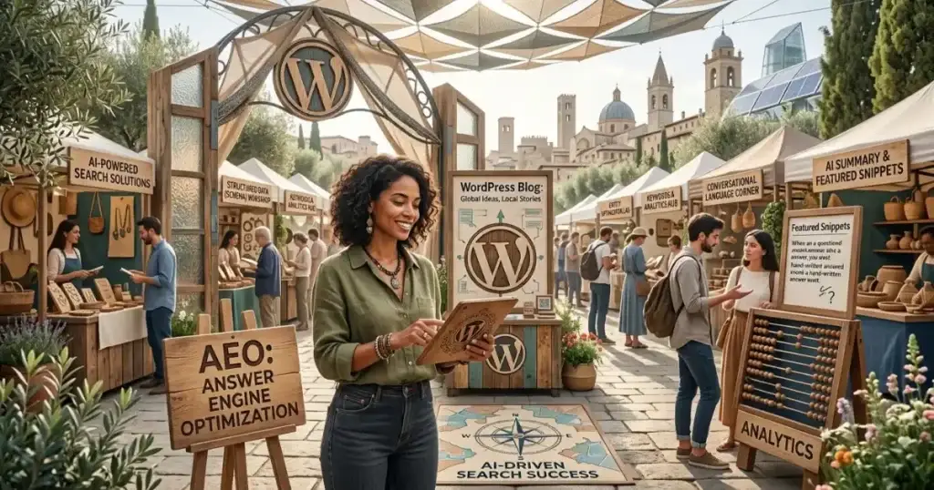 Infographic guide on SEO, AEO, and AI search showing a creator using WordPress in a digital city setting.