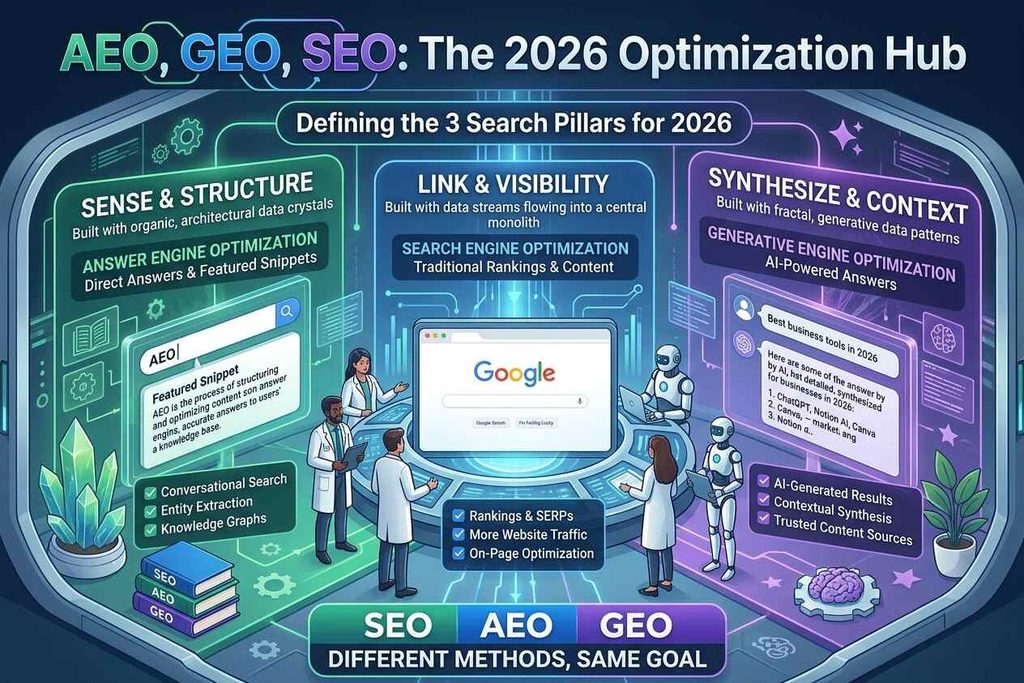 A futuristic laboratory illustration showcasing a central 'Optimization Hub' with scientists, robots, and three distinct modules for SEO, AEO, and GEO, connected by data streams, explaining the future of search in 2026.