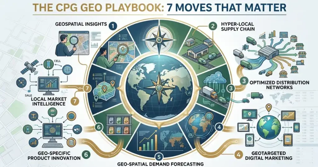 GEO for CPG Brands playbook infographic detailing 7 strategic moves: geospatial insights, supply chain, distribution, marketing, forecasting, product innovation, and market intelligence.