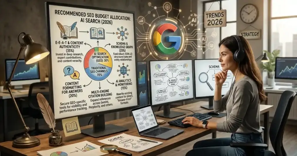 Infographic showing how to adjust your SEO budget for AI search with allocation percentages and strategy breakdown.